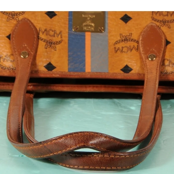 MCM Authentic Visetos  Shopper Tote Bag Yellow Gold Cognac Brown Blue Striped - Picture 13 of 16
